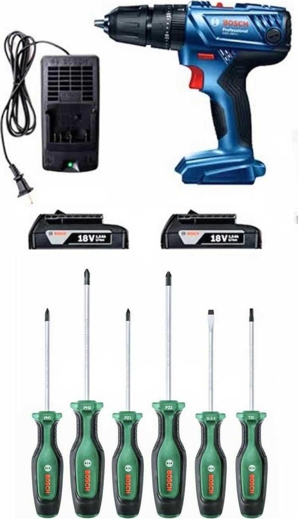 Bosch Gsb 180 Li Darbeli Çift Batarya Şarjlı Matkap Vidalama Ve Bosch 6 Lı Tornavida Seti Hediye - Image 1