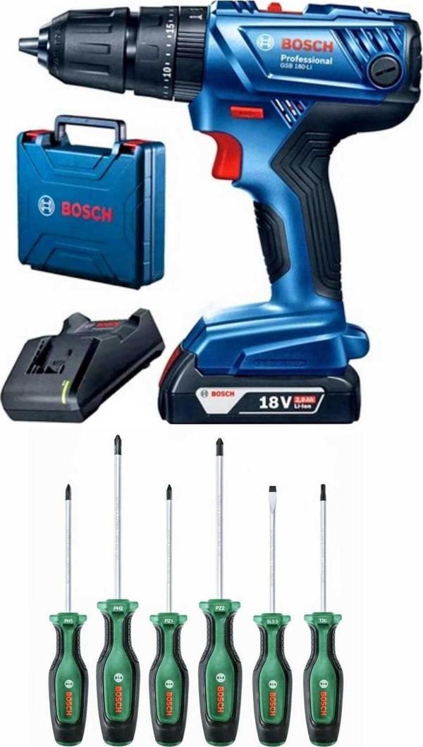 Bosch Gsb 180 Li Darbeli Tek Batarya Şarjlı Matkap Vidalama Ve Bosch 6 Lı Tornavida Seti Hediye - Image 1