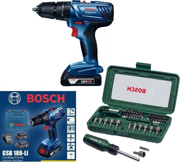 Bosch Gsb 180-Li 18V 2Ah Darbeli Akülü Vidalama Şarjlı Matkap + 46 Parça Vidalama Ucu Tornavida Seti - Image 1