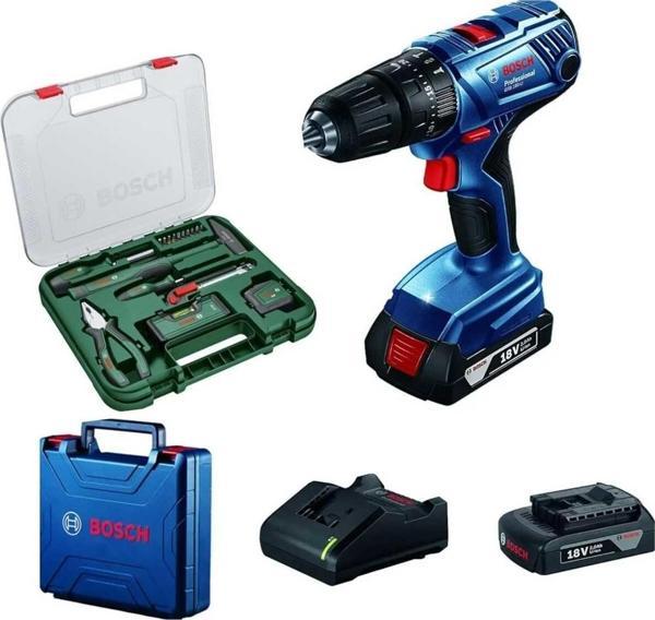 Bosch Gsb 180'Li Darbeli Şarjlı Matkap Vidalama Çift Batarya Ve Bosch 17 Parça El Aleti Seti Hediye - Image 1