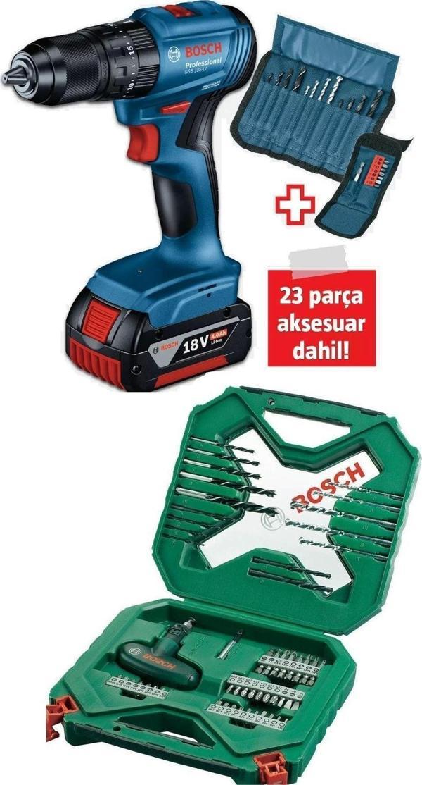 Bosch Gsb 185-Li (Tek Akülü) Kömürsüz Darbeli Matkap Vidalama Şarjlı Matkap + 54 Parça Aksesuar Seti - Image 1