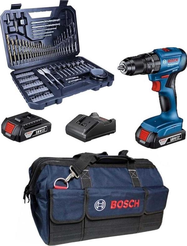 Bosch Gsb 185-Li Çift Batarya Şarjlı Darbeli Kömürsüz Matkap Vidalama 103 Parça Uç Ve Çanta Hediye - Image 1