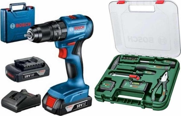 Bosch Gsb 185-Li Darbeli Çift Batarya Şarjlı Matkap Vidalama Ve Bosch 17 Parça El Aleti Seti Hediye - Image 1