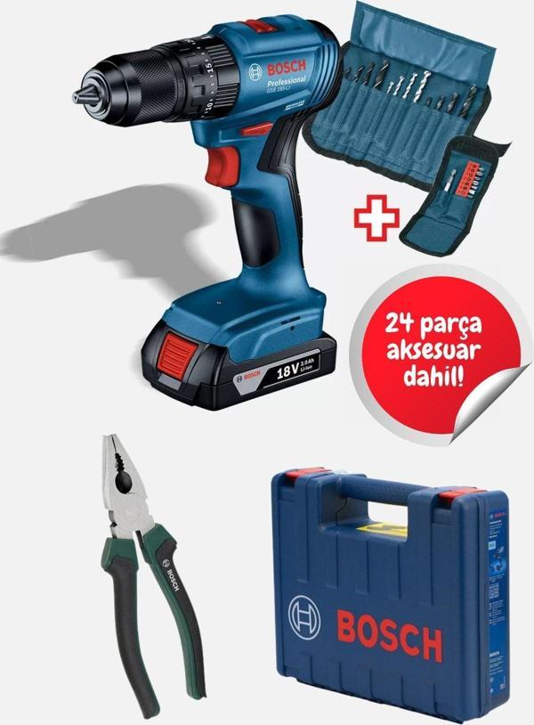 Bosch Gsb 185-Li Tek Akülü Kömürsüz Darbeli Matkap Vidalama Şarjlı Matkap + 25 Parça Aksesuar Seti - Image 1