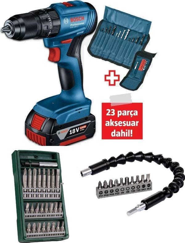 Bosch Gsb 185-Li Tek Akülü Kömürsüz Darbeli Matkap Vidalama Şarjlı Matkap + 25 Parça Esnek Vidalama - Image 1