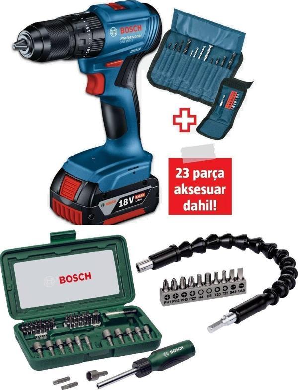 Bosch Gsb 185-Li Tek Akülü Kömürsüz Darbeli Matkap Vidalama Şarjlı Matkap + Tornavida Seti Esnek Uç - Image 1