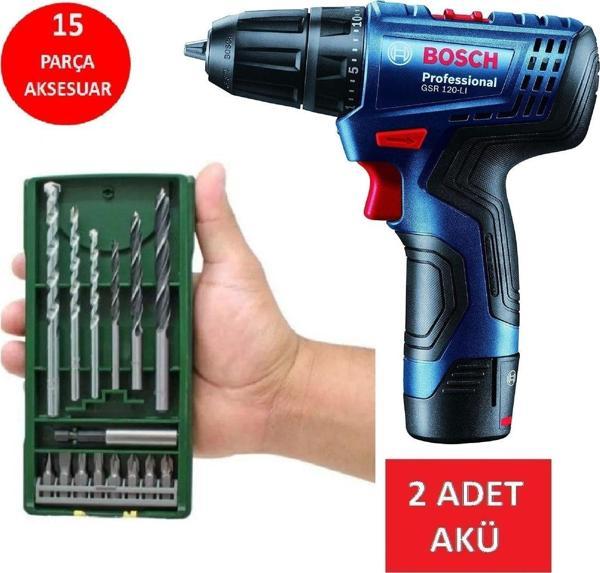 Bosch Matkap Darbesiz Çift Akülü Şarjlı Matkap Akülü Vidalama + 15 Parça Matkap Ucu Vidalama Ucu - Image 1