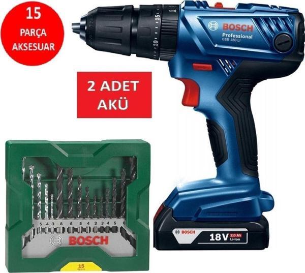 Bosch Şarjlı Matkap Darbeli Matkap Çift Akülü 18V 2Ah Akülü Vidalama + 15 Parça Matkap Ucu Seti - Image 1