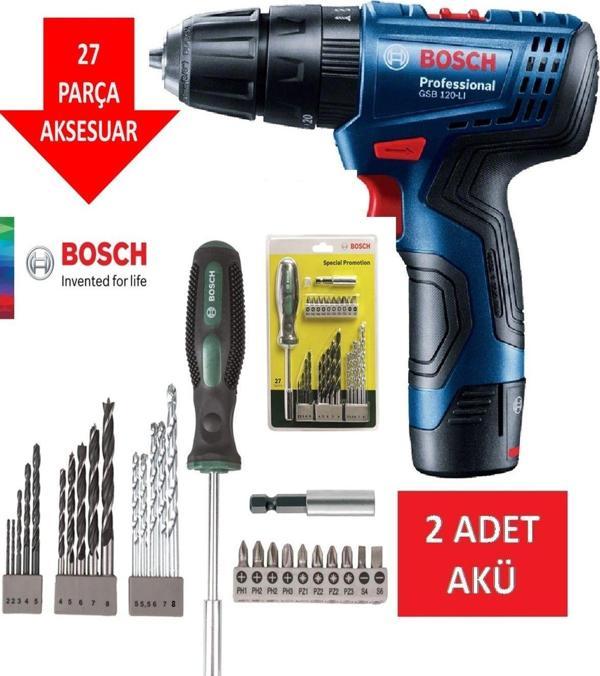 Bosch Şarjlı Matkap Darbeli Matkap Çift Akülü Vidalama + 27 Parça Matkap Ucu Vidalama Ucu Tornavida - Image 1