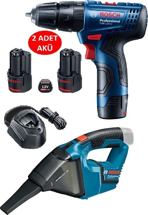 Bosch Şarjlı Matkap Darbeli Matkap Çift Akülü Vidalama + Bosch Gas 12V Şarjlı Süpürge - Image 1