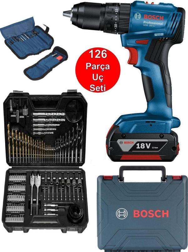 Bosch Tek Akülü Kömürsüz Darbeli Matkap Vidalama Şarjlı Matkap 126 Parça Matkap Ucu Vidalama Ucu - Image 1