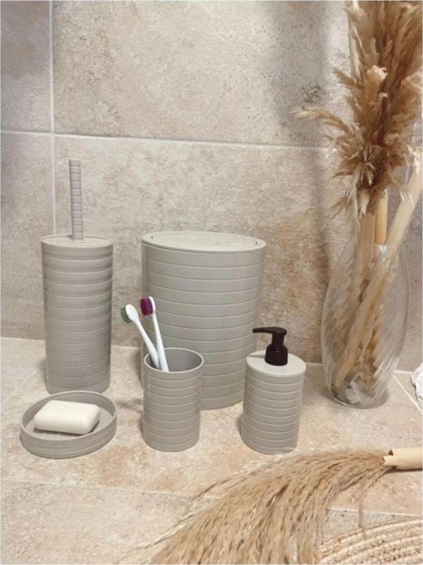 Mbb E-Ticaret Banyo Seti 5'Li Krem Çöp Kovası Wc Fırçalık Sıvı Sabunluk Katı Sabunluk - Image 1