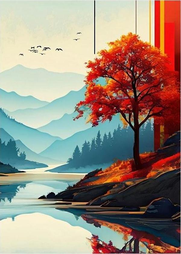 Sonbahar Ağaç Manzarası Art Mdf Poster - Image 1