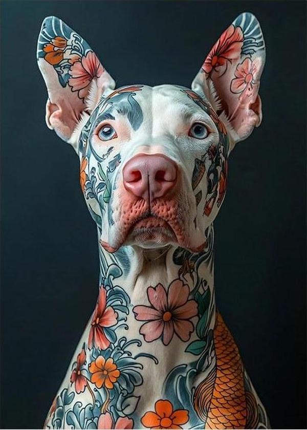 Çiçek Desenli Köpek Art Mdf Tablo - Image 1