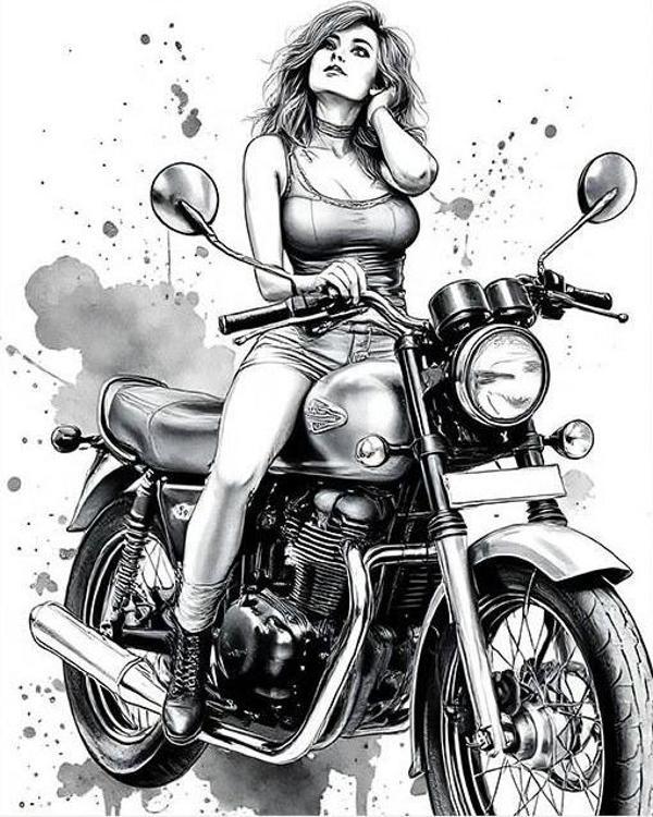 Retro Kadın Motorcu Model Ahşap Tablo - Image 1
