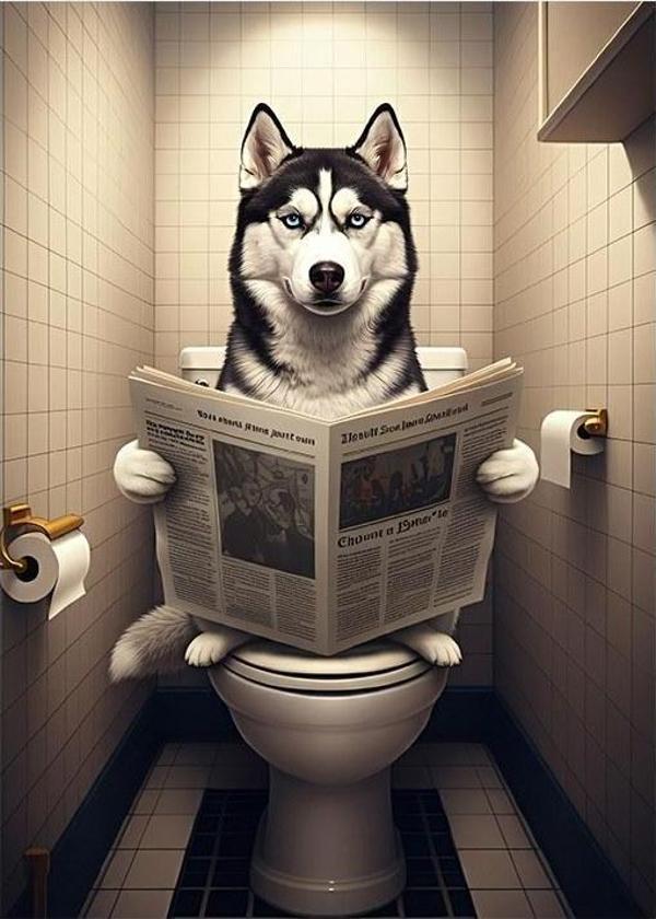 Tuvalette Gazete Okuyan Köpek Desenli Ahşap Tablo - Image 1