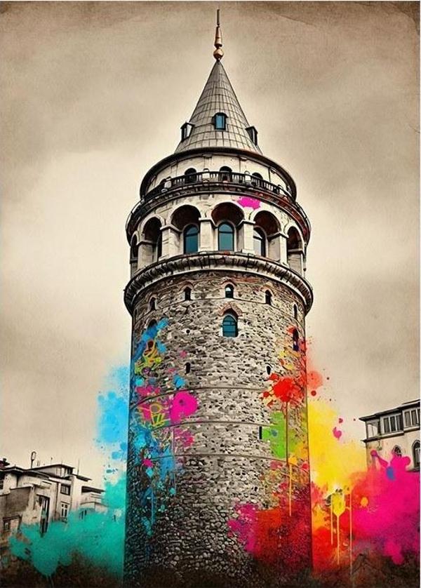 Galata Kulesi Çizimi Desenli Ahşap Tablo - Image 1