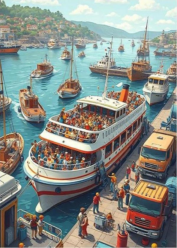 Kalabalık Marina Manzarası Tasarım Ahşap Tablo - Image 1