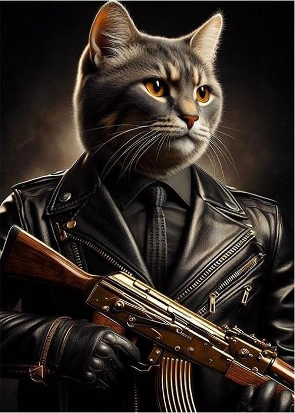 Silahlı Kedi Portresi Desenli Mdf Tablo - Image 1