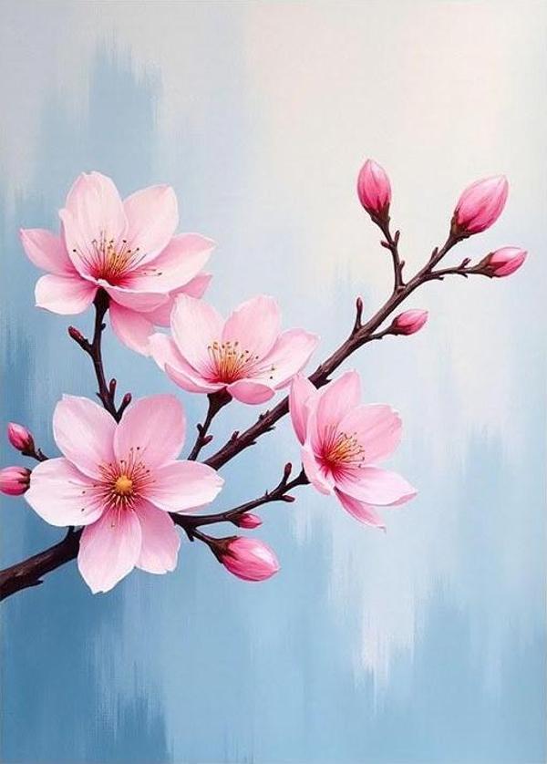 Pastel Kiraz Çiçeği Çizimi Modern Ahşap Tablo - Image 1