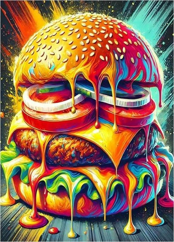 Renkli Ve Abartılı Hamburger Çizimi Mdf Tablo - Image 1