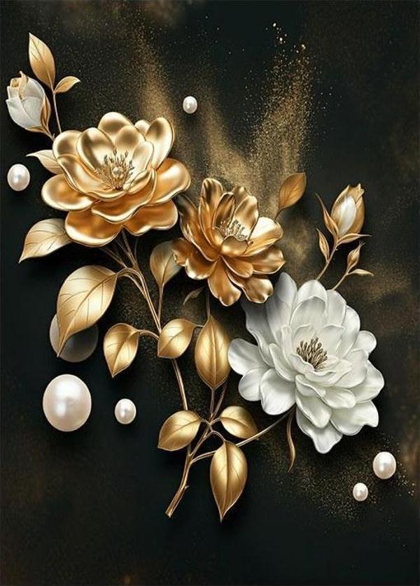 Altın Ve Beyaz Çiçek Deseni Art Mdf Tablo - Image 1