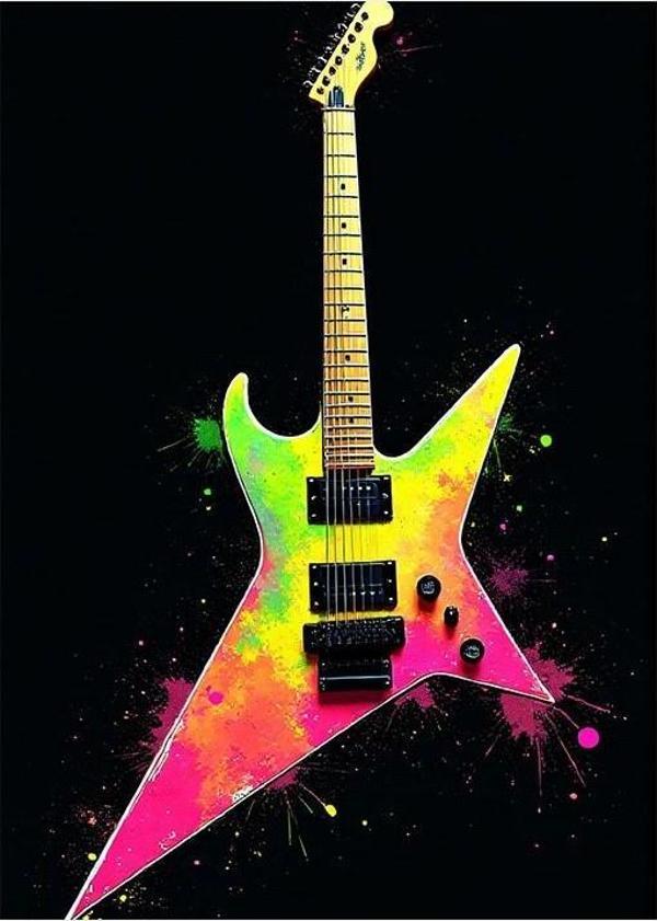 Neon Renkli Gitar Çizimi Desenli Mdf Tablo - Image 1