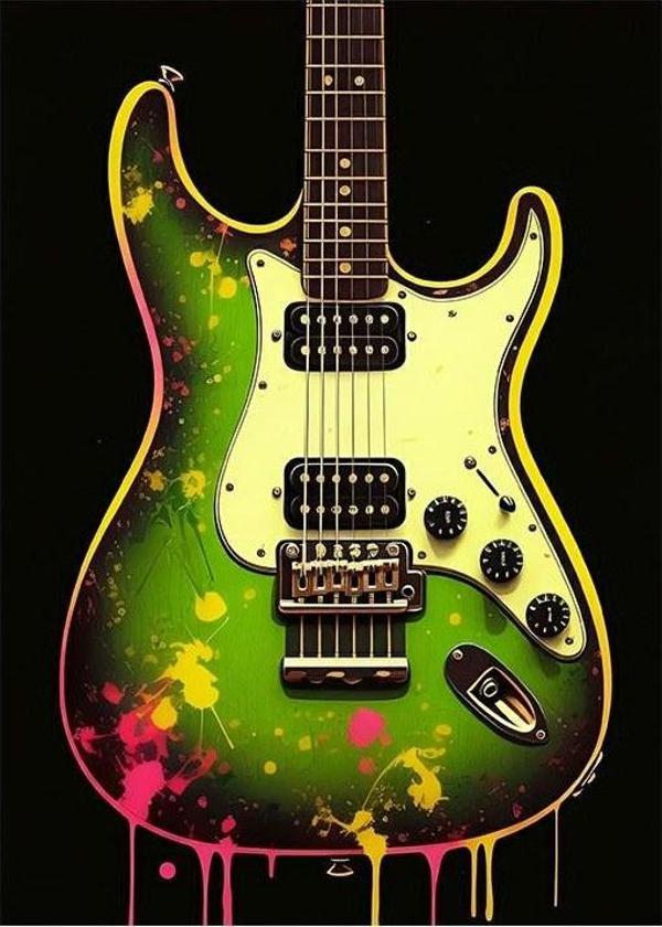 Yeşil Renkli Elektro Gitar Tasarım Ahşap Tablo - Image 1