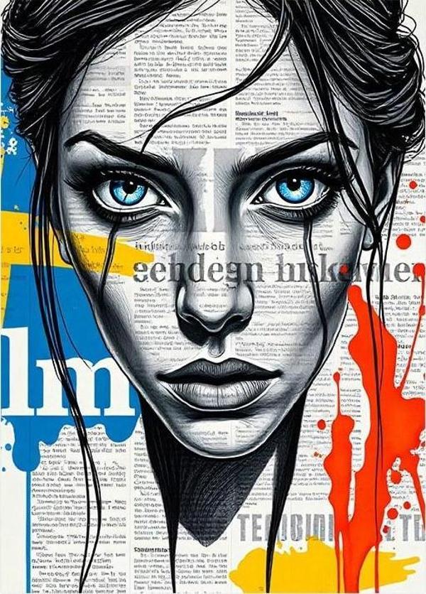 Gazete Temalı Kadın Portresi Art Mdf Tablo - Image 1