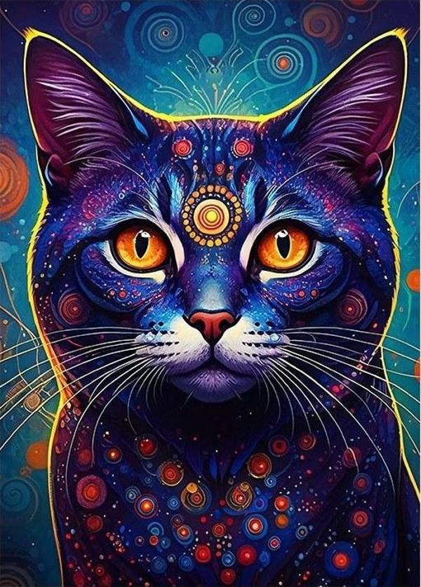 Renkli Gökyüzü Kedi İllüstrasyonu Modern Ahşap Tablo - Image 1