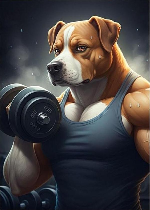 Dumbbell İle Egzersiz Yapan Köpek Desenli Mdf Tablo - Image 1