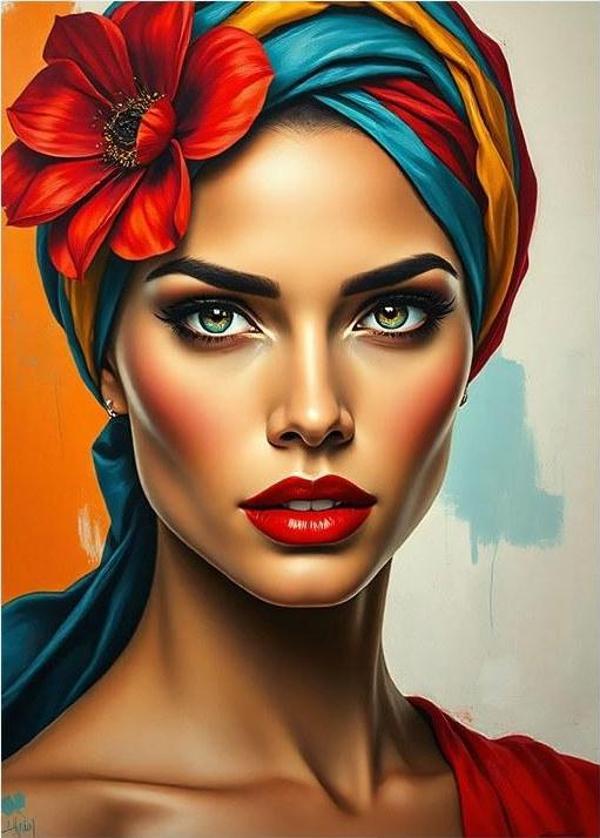Kırmızı Çiçekli Kadın Portresi Model Ahşap Tablo - Image 1