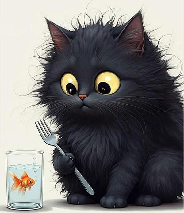 Şaşkın Siyah Kedi Ve Balık Art Mdf Poster - Image 1