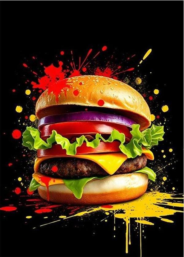Sıçrayan Renkli Burger Hediyelik Ahşap Tablo - Image 1