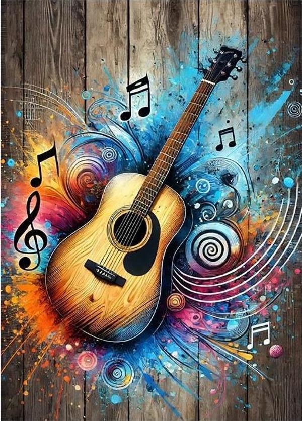 Müzik Ve Renklerle Akustik Gitar Modern Mdf Tablo - Image 1