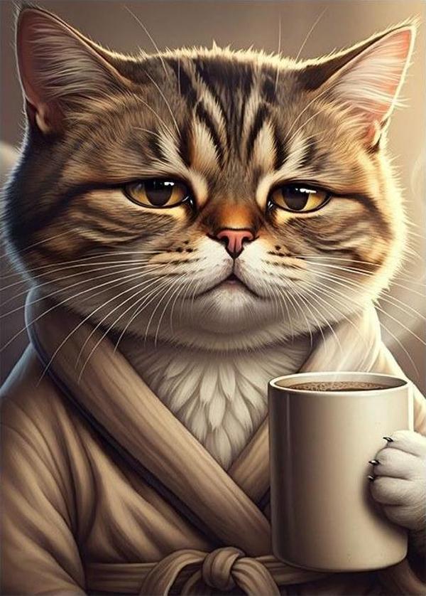 Kahve Tutan Kedi Art Mdf Tablo - Image 1