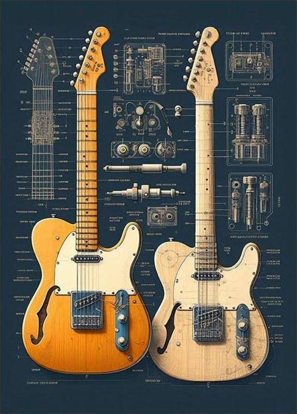Müzikal Gitar Çizimleri Modern Ahşap Tablo - Image 1