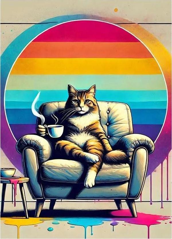 Kahve İçen Kedi Hediyelik Ahşap Tablo - Image 1