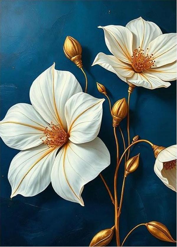 Altın Detaylı Beyaz Çiçekler Tasarım Mdf Tablo - Image 1