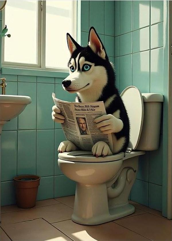 Tuvalette Düşünen Husky Model Ahşap Tablo - Image 1