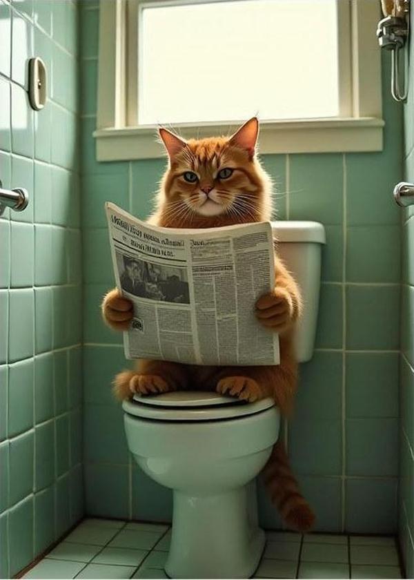 Tuvalette Gazete Okuyan Sakin Kedi Desenli Mdf Tablo - Image 1