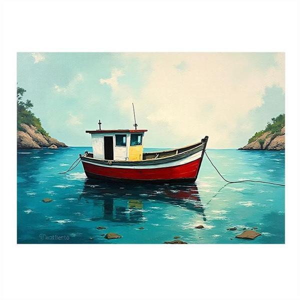Renkli Balıkçı Teknesi Desenli Ahşap Tablo 25cmX 35cm - Image 1