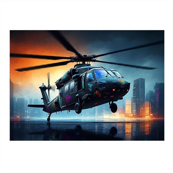 Şehirde Helikopter Uçuşu Desenli Ahşap Tablo 25cmX 35cm - Image 1