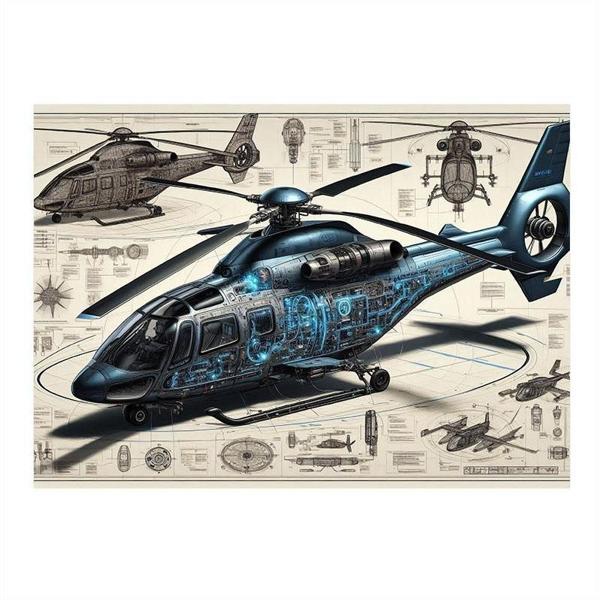 Teknik Helikopter Çizimi Desenli Ahşap Tablo 25cmX 35cm - Image 1