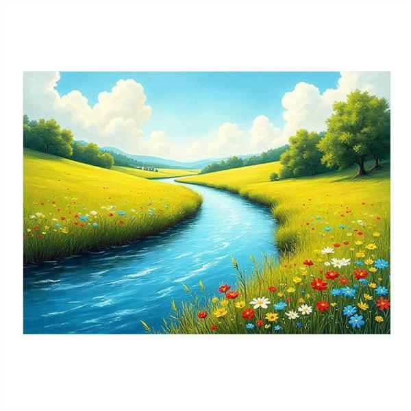Renkli Çayır Ve Nehir Manzarası Modern Ahşap Tablo 25cmX 35cm - Image 1