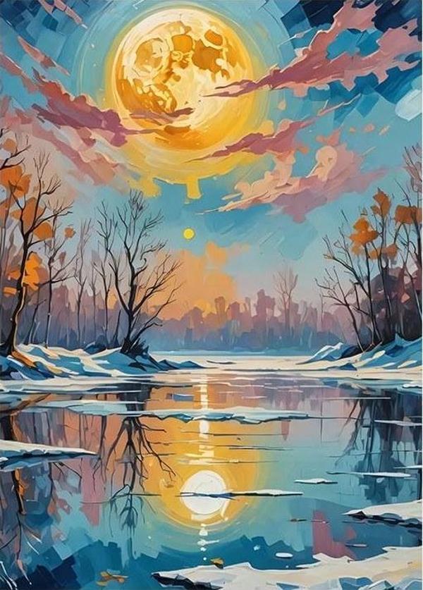 Göl Manzarasında Ayışığı Desenli Mdf Tablo - Image 1