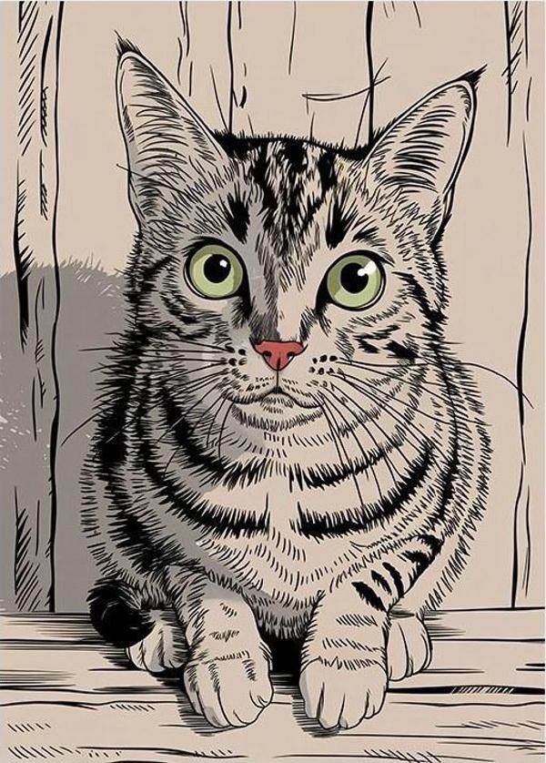 Çizim Kedi Portresi Desenli Mdf Tablo - Image 1