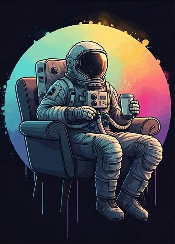 Astronot Oturuyor Desenli Ahşap Tablo - Image 1