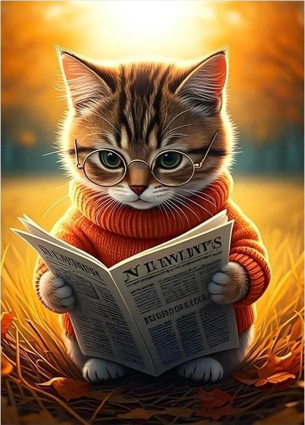 Gazete Okuyan Kedi Model Ahşap Tablo - Image 1