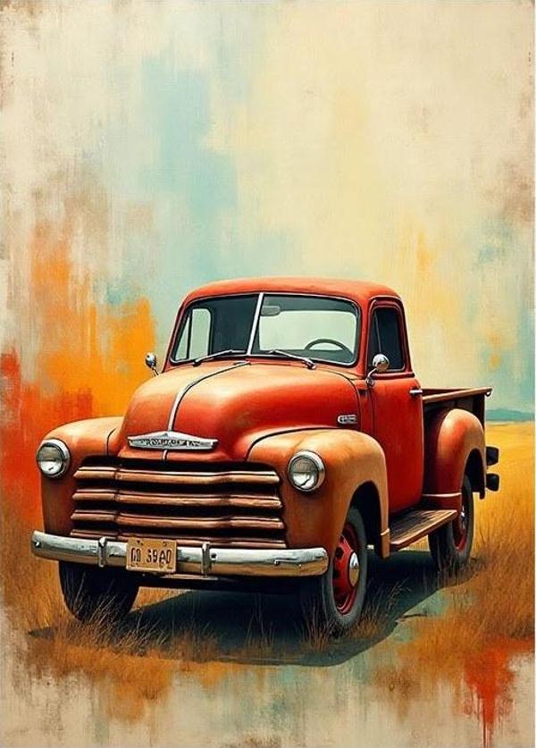 Kırmızı Retro Kamyon Desenli Mdf Tablo - Image 1